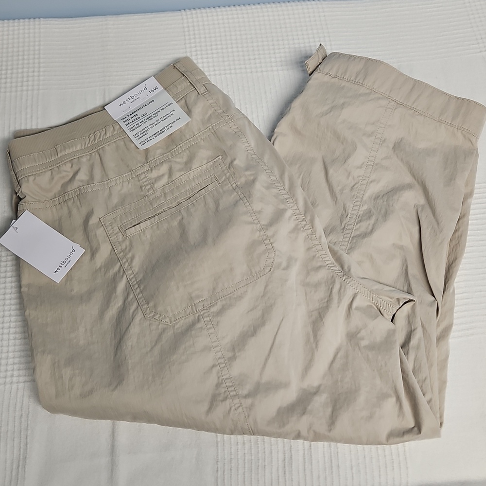 Westbound Parachute Crop Mid Rise Relaxed Leg Elastic Waist Pants: Color- Stone